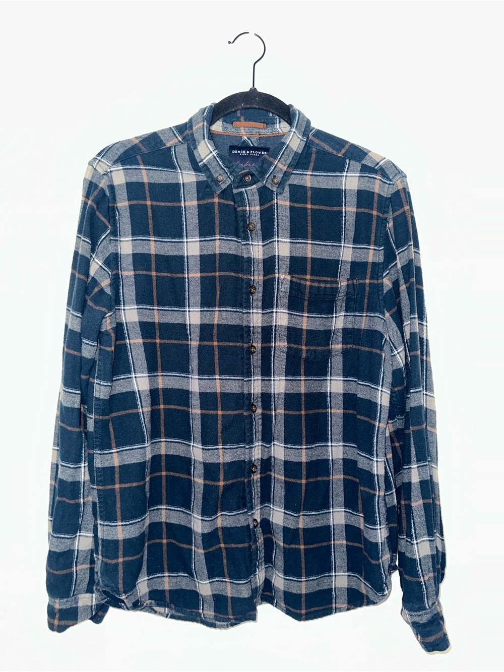 Denim & Flower Men's Navy White Brown Plaid Button-Down Shirt